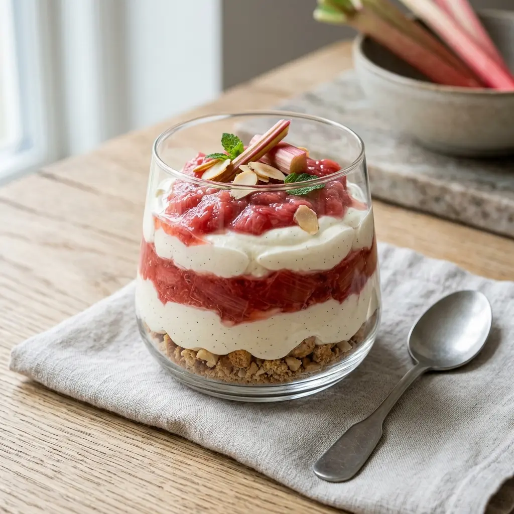 Nylagad rabarbertrifle serverad på ett aptitligt och hemlagat sätt