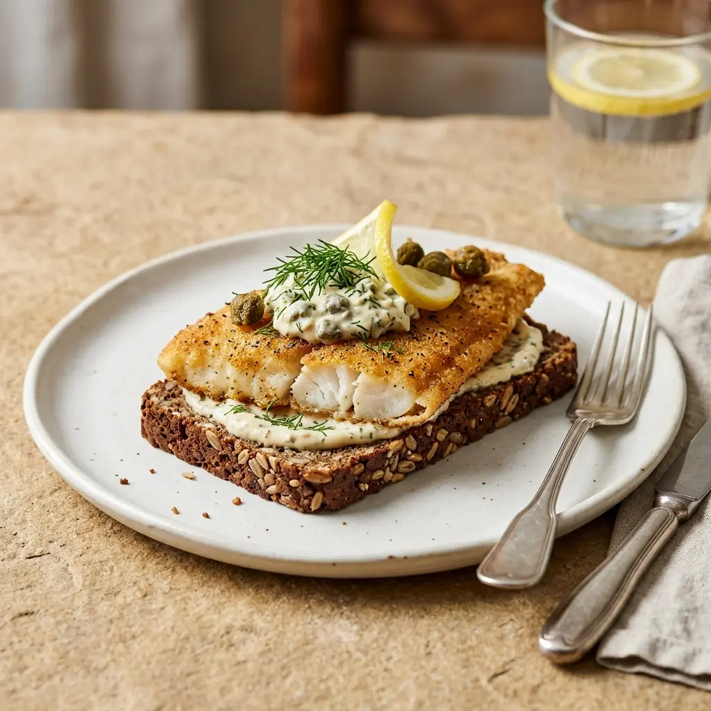 Nybakad rågbröd med rödspättafilé serverad och klar att njuta av