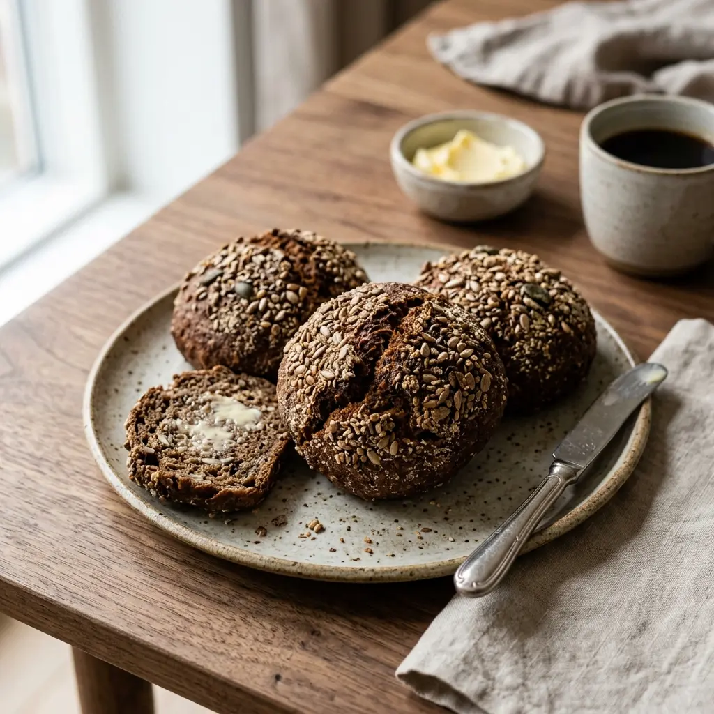 Nybakad rågbullar serverad och klar att njuta av