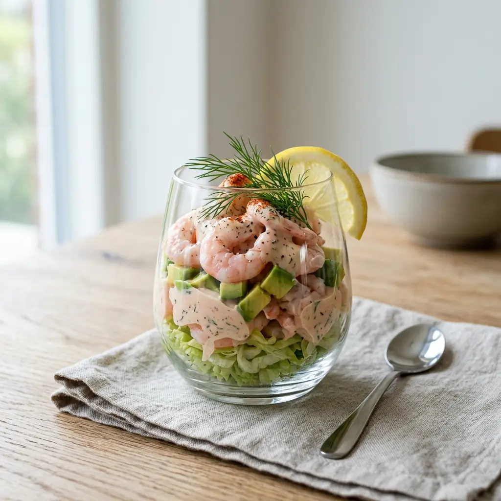 Ett glas räkcocktail med avokado serverat kallt och fräscht med enkel garnering