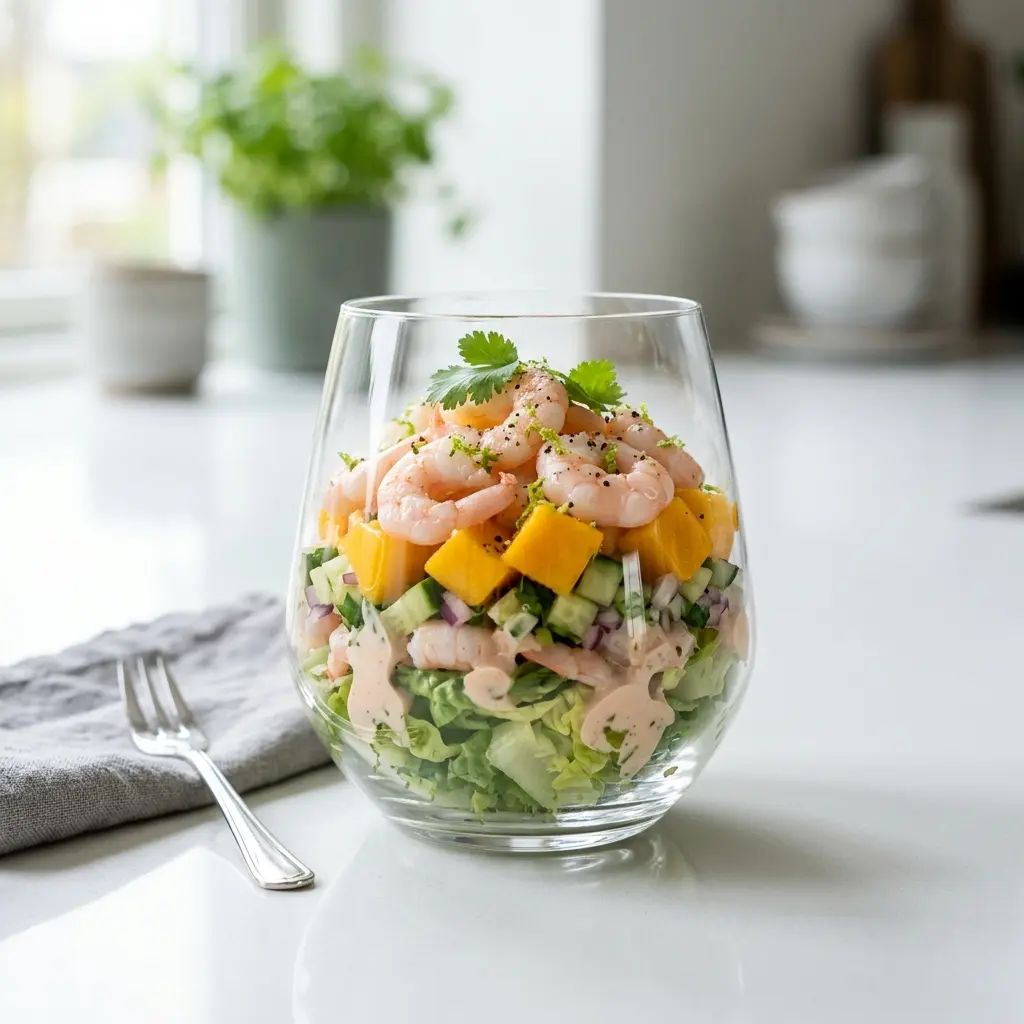 Ett glas räkcocktail med mango serverat kallt och fräscht med enkel garnering