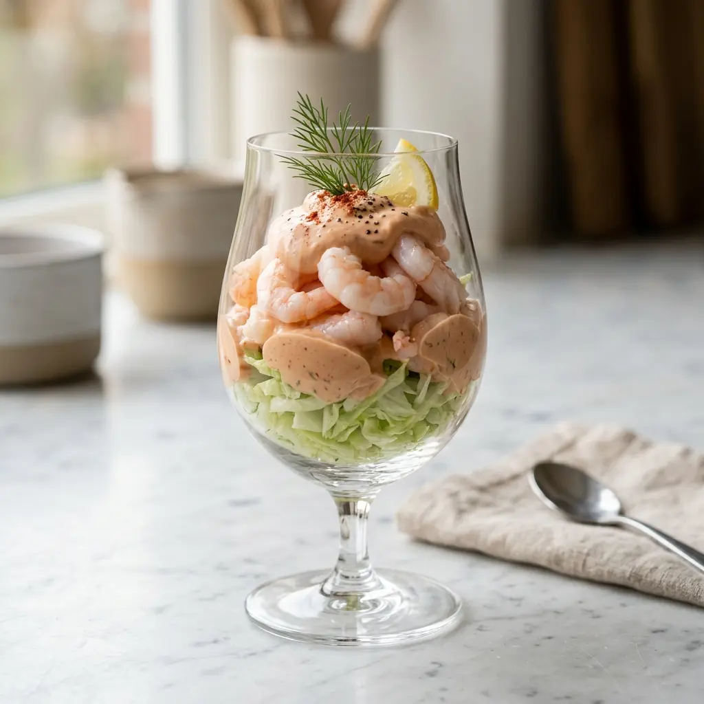 Ett glas räkcocktail serverat kallt och fräscht med enkel garnering