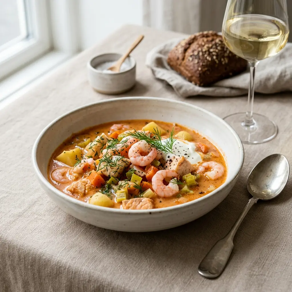 Nylagad räkgryta serverad på ett aptitligt och hemlagat sätt