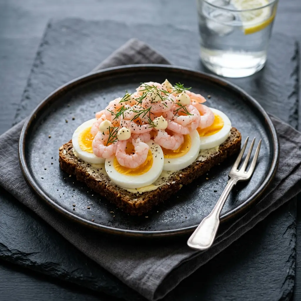 Nylagad räkmacka med ägg serverad på ett aptitligt och hemlagat sätt