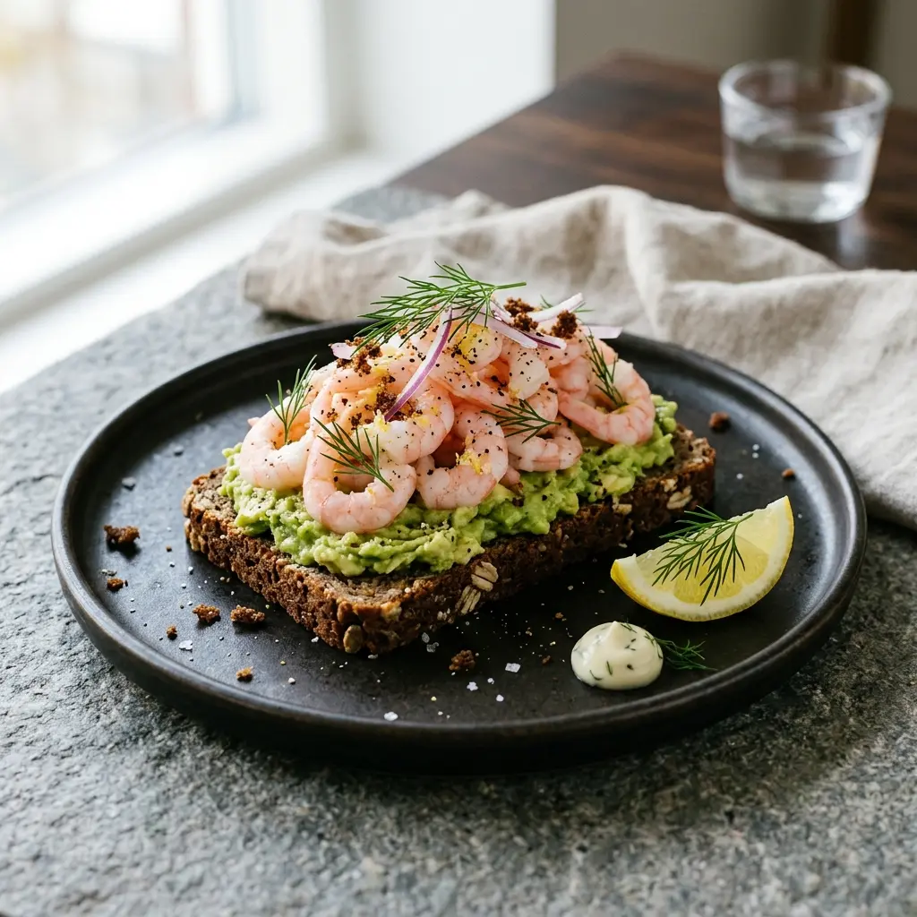 Nylagad räkmacka med avokado serverad på ett aptitligt och hemlagat sätt