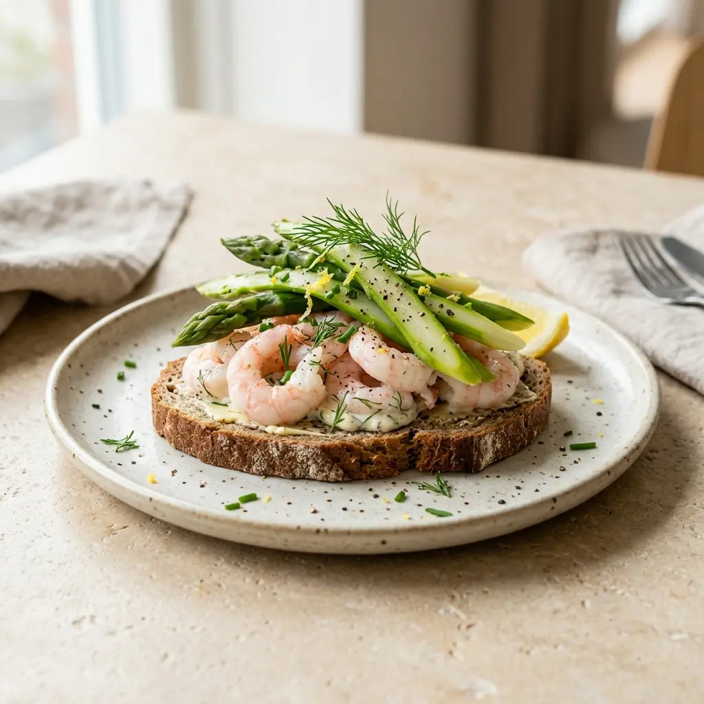 Nylagad räkmacka med sparris serverad på ett aptitligt och hemlagat sätt