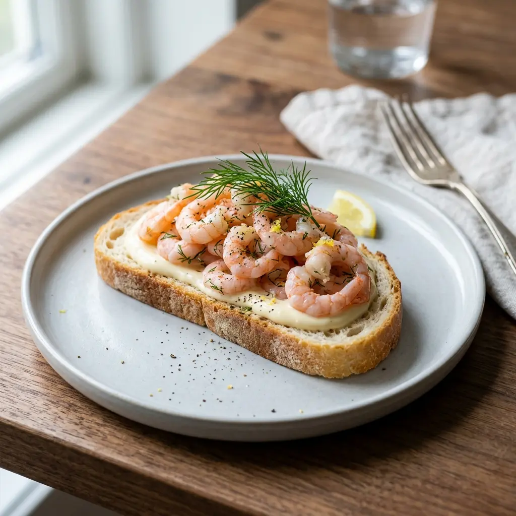 Nybakad räkmacka på franskbröd serverad och klar att njuta av