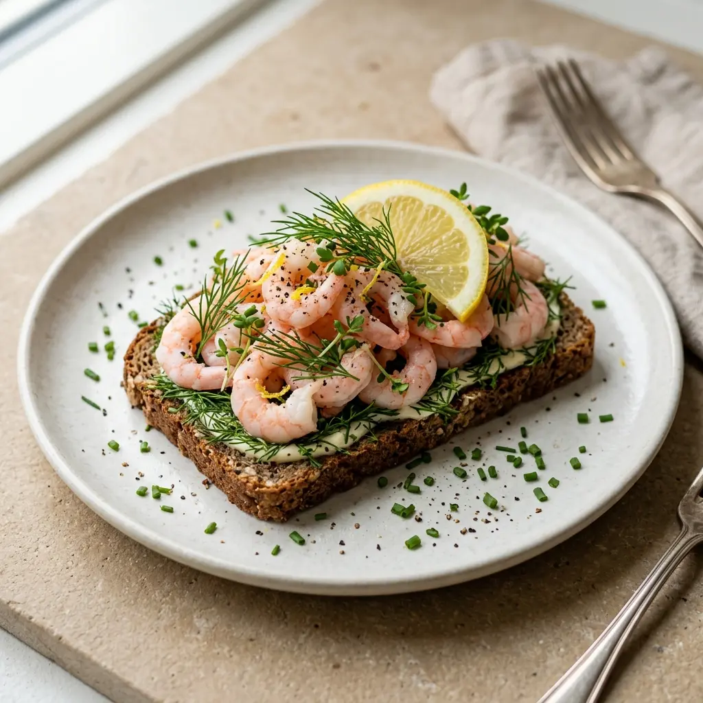 Nylagad räkmacka serverad på ett aptitligt och hemlagat sätt
