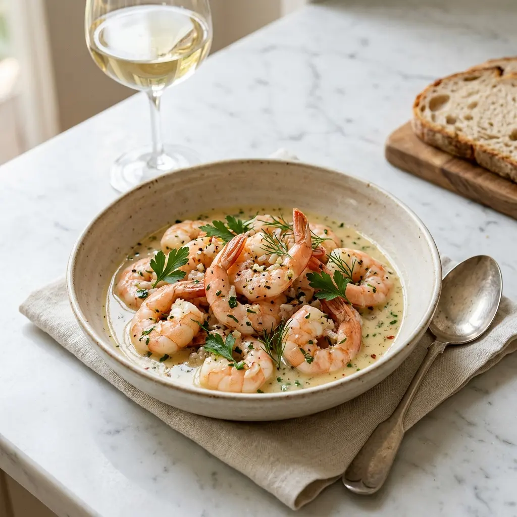 Nylagad räkor i vitt vin serverad på ett aptitligt och hemlagat sätt