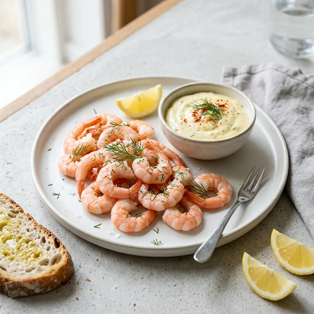 En skål med räkor med aioli klar att servera som smakrikt tillbehör
