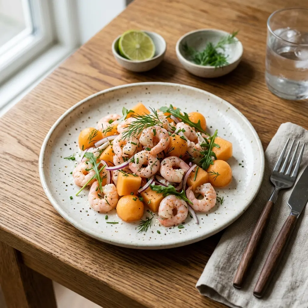 Nylagad räkor med melon serverad på ett aptitligt och hemlagat sätt