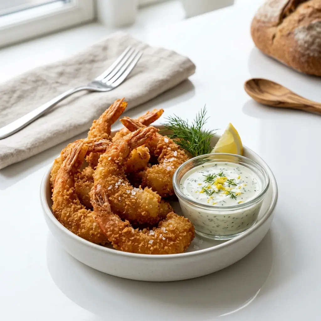 Nylagad räkor med panko serverad på ett aptitligt och hemlagat sätt