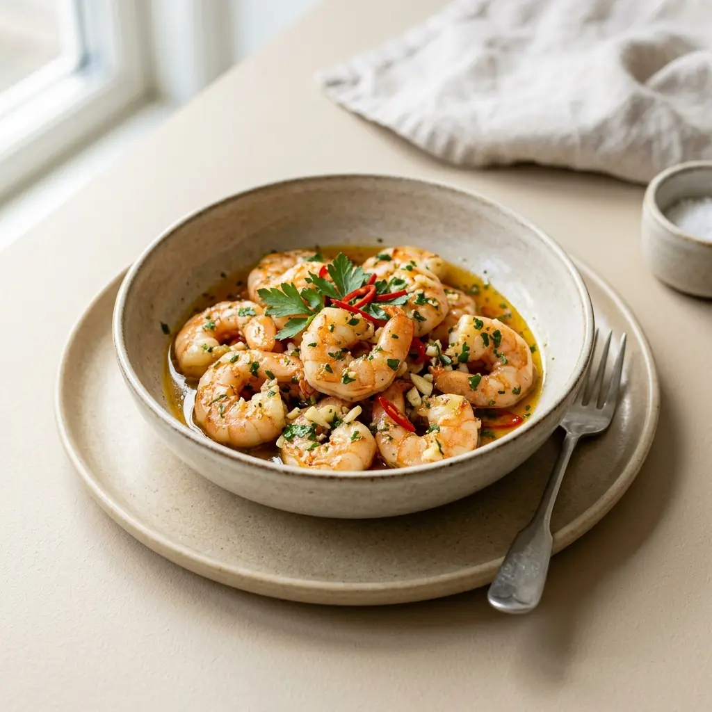 Nylagad räkor med vitlök och chili serverad på ett aptitligt och hemlagat sätt
