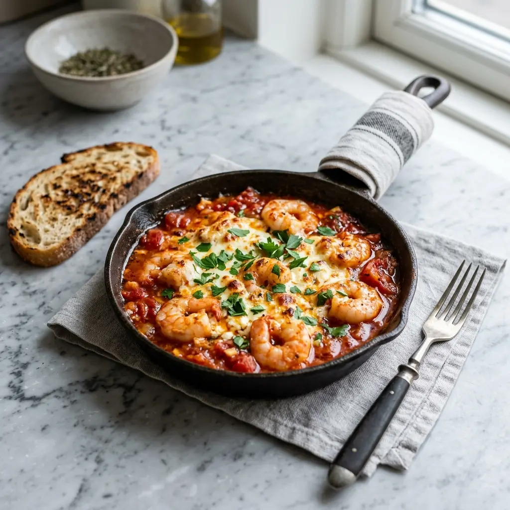 Nylagad räkor saganaki serverad på ett aptitligt och hemlagat sätt