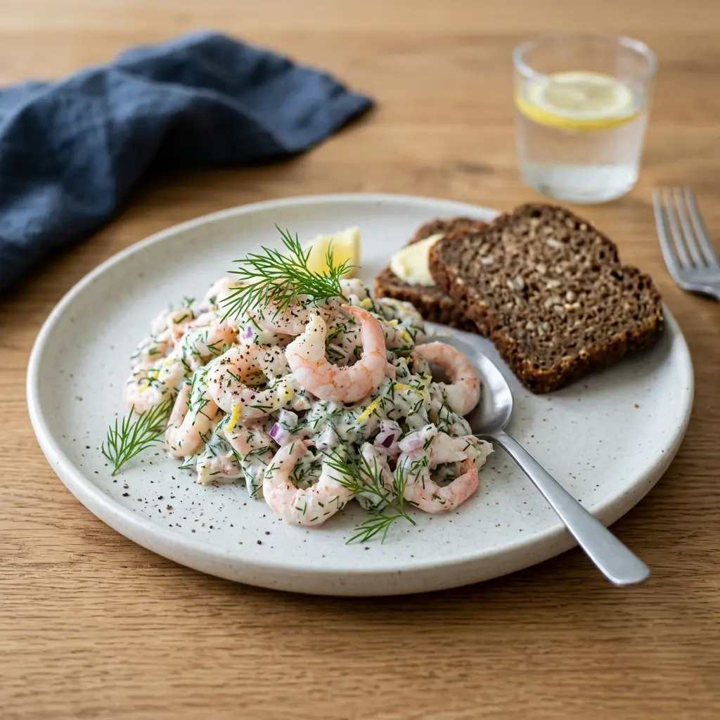 En fräsch portion räksallad med dill med färska råvaror och fin servering