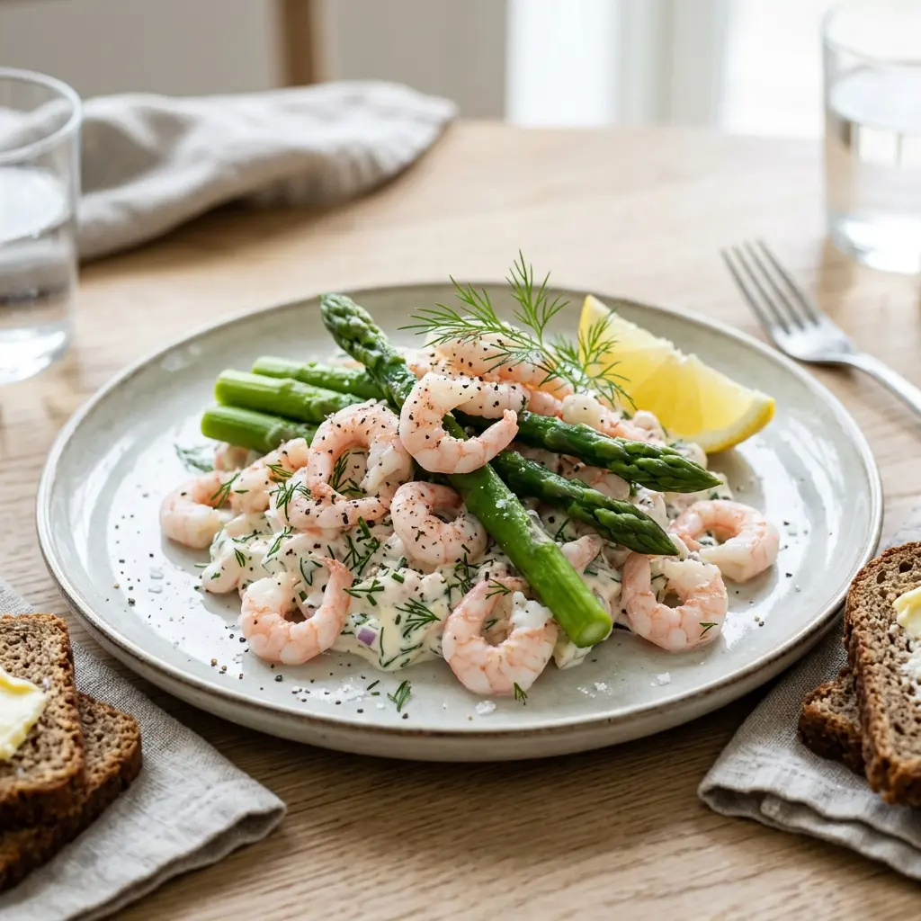 En fräsch portion räksallad med sparris med färska råvaror och fin servering