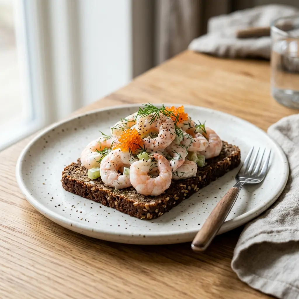 Nybakad räksallad till rågbröd serverad och klar att njuta av