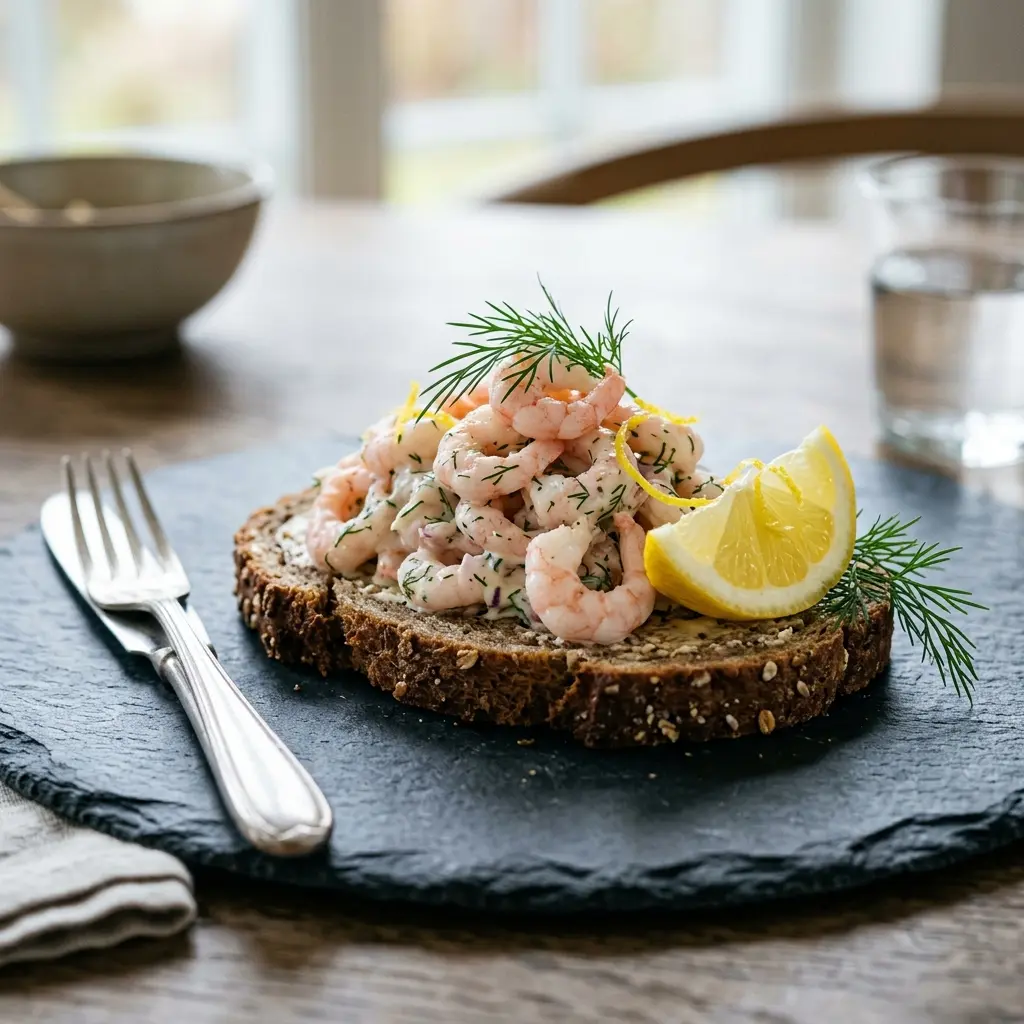 Nylagad räksandwich serverad på ett aptitligt och hemlagat sätt