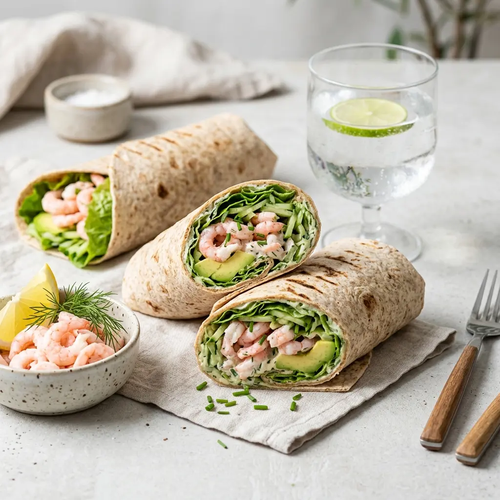 Nylagad räkwrap med avokado serverad på ett aptitligt och hemlagat sätt