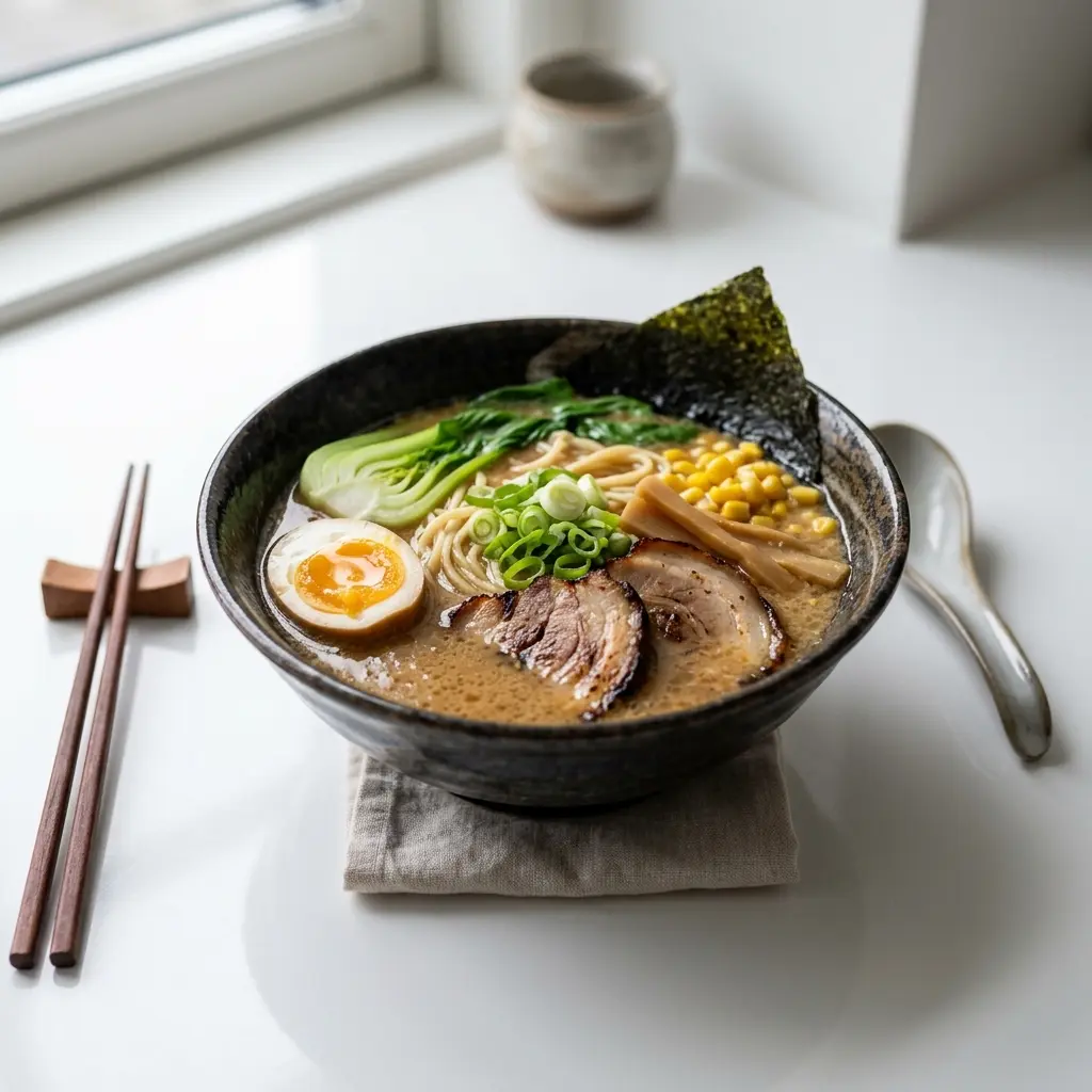 Nylagad ramen med miso serverad på ett aptitligt och hemlagat sätt