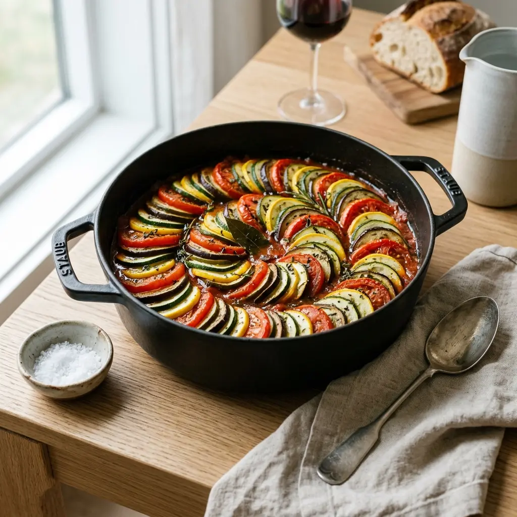 Nylagad ratatouille serverad på ett aptitligt och hemlagat sätt
