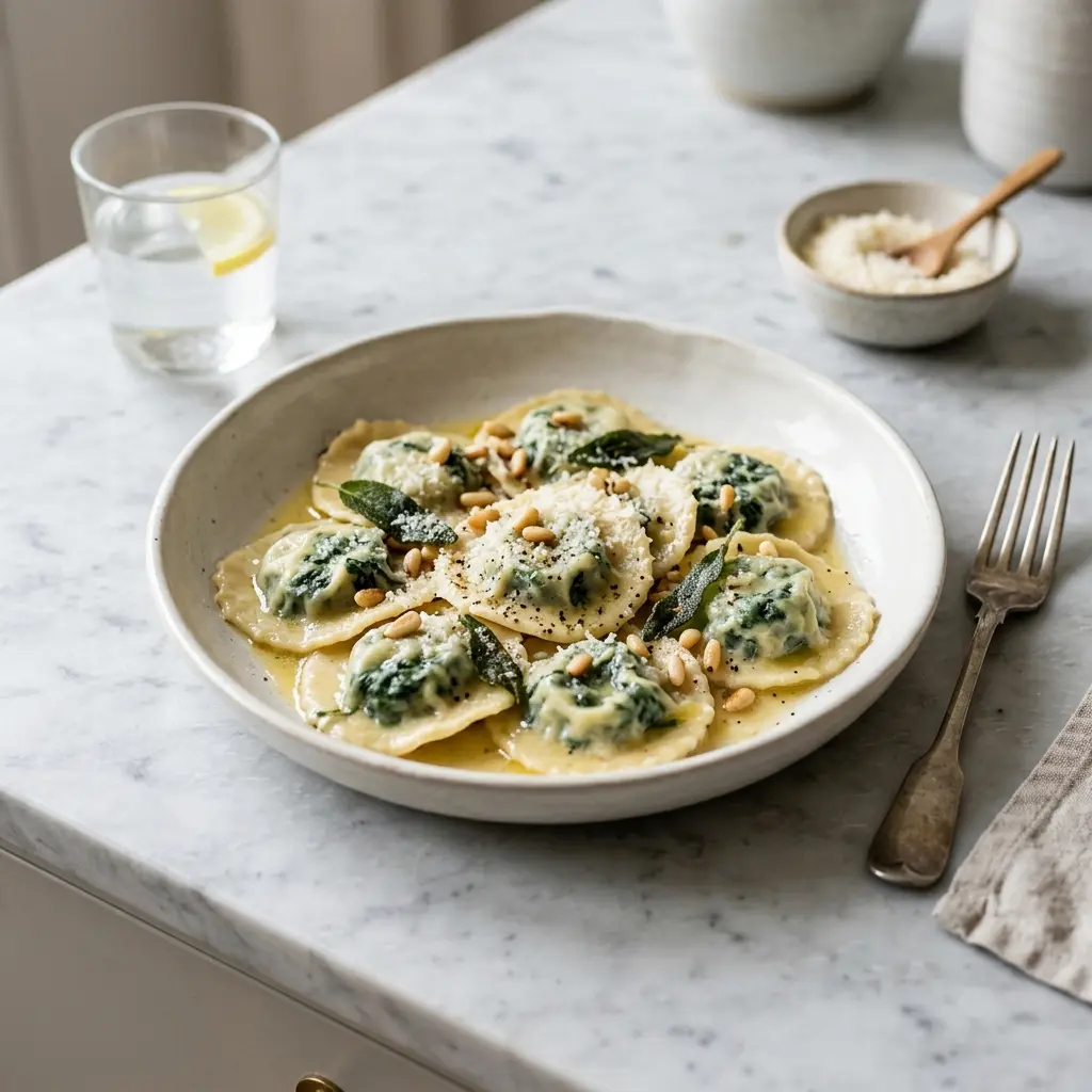 Nylagad ravioli med spenat serverad på ett aptitligt och hemlagat sätt