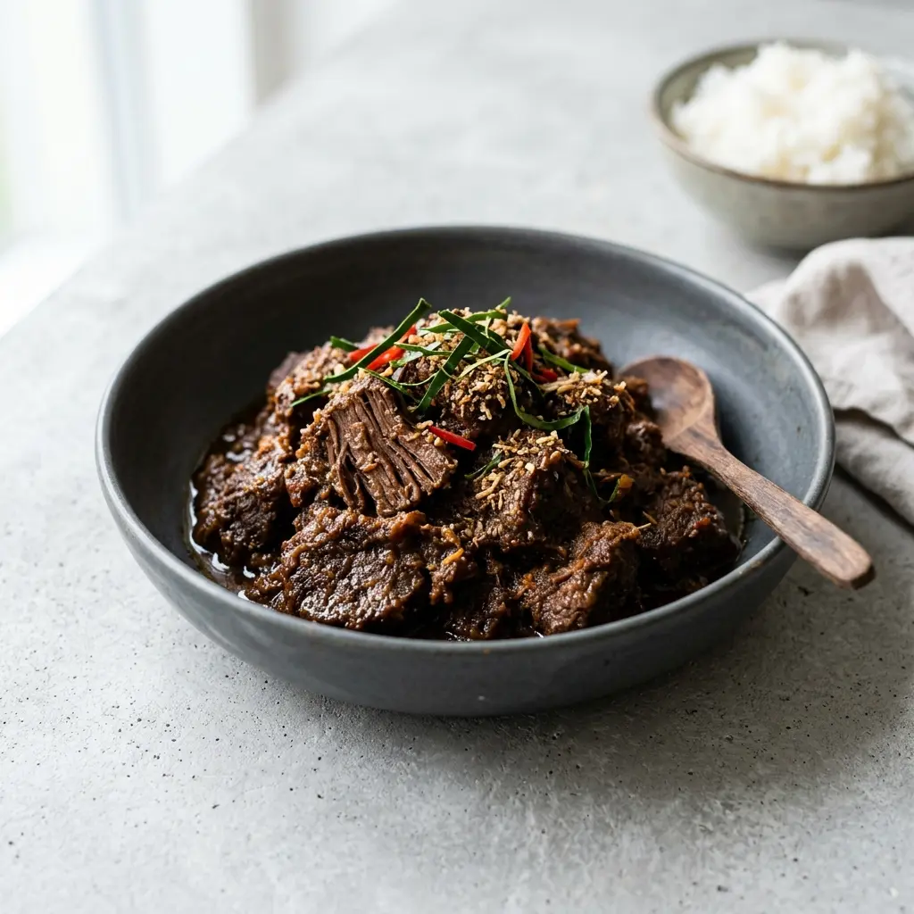 Nylagad rendang med nötkött serverad på ett aptitligt och hemlagat sätt