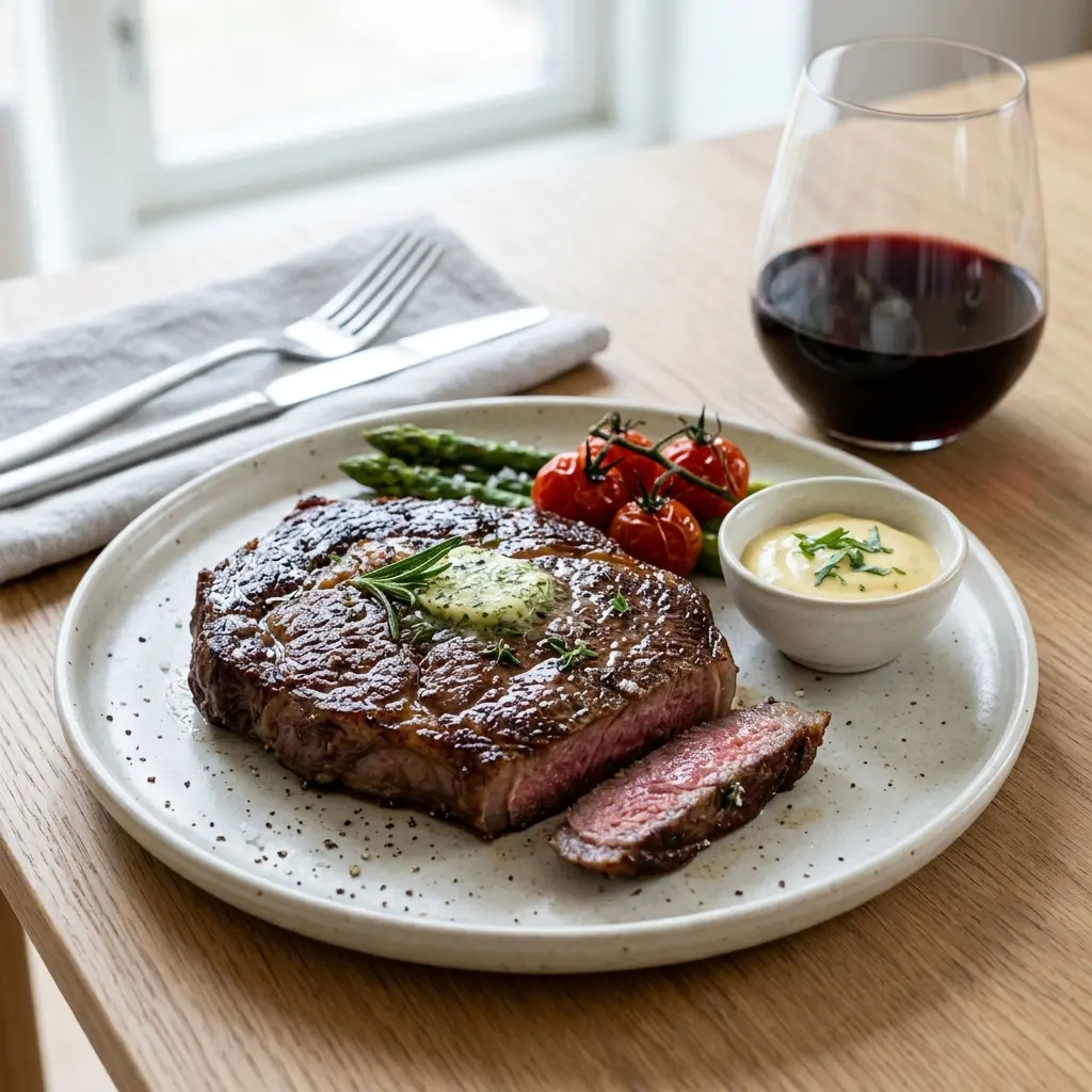 Ett glas ribeye i stekpanna serverat kallt och fräscht med enkel garnering