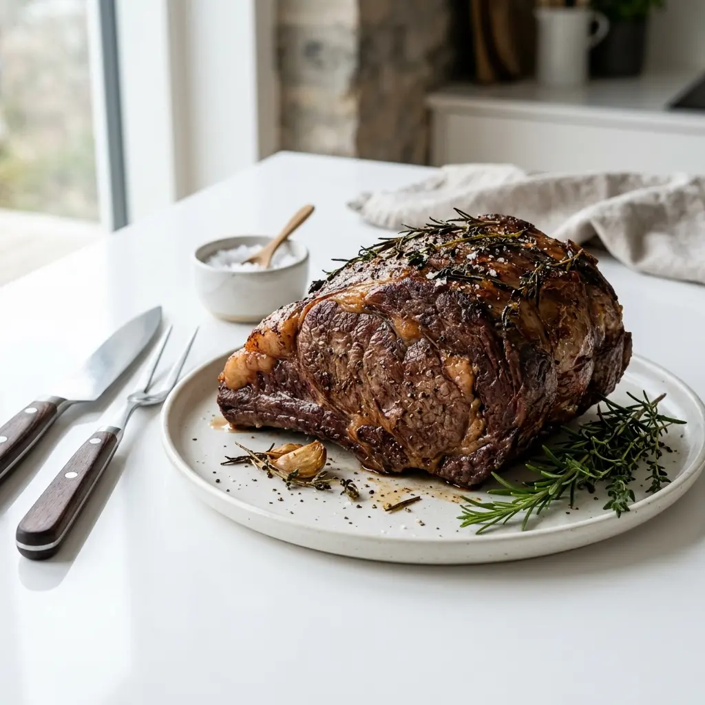 Ett glas ribeyestek i ugn serverat kallt och fräscht med enkel garnering