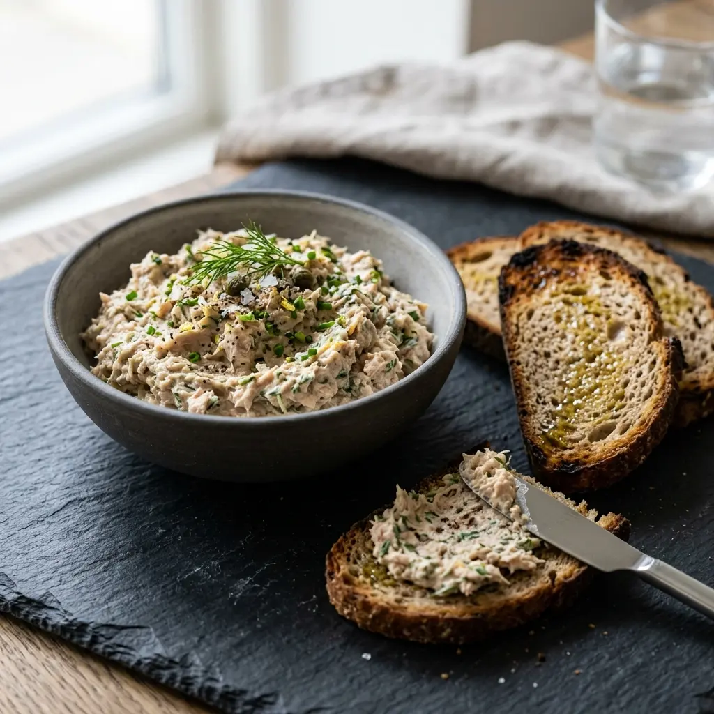 Ett glas rillette på färsk tonfisk serverat kallt och fräscht med enkel garnering