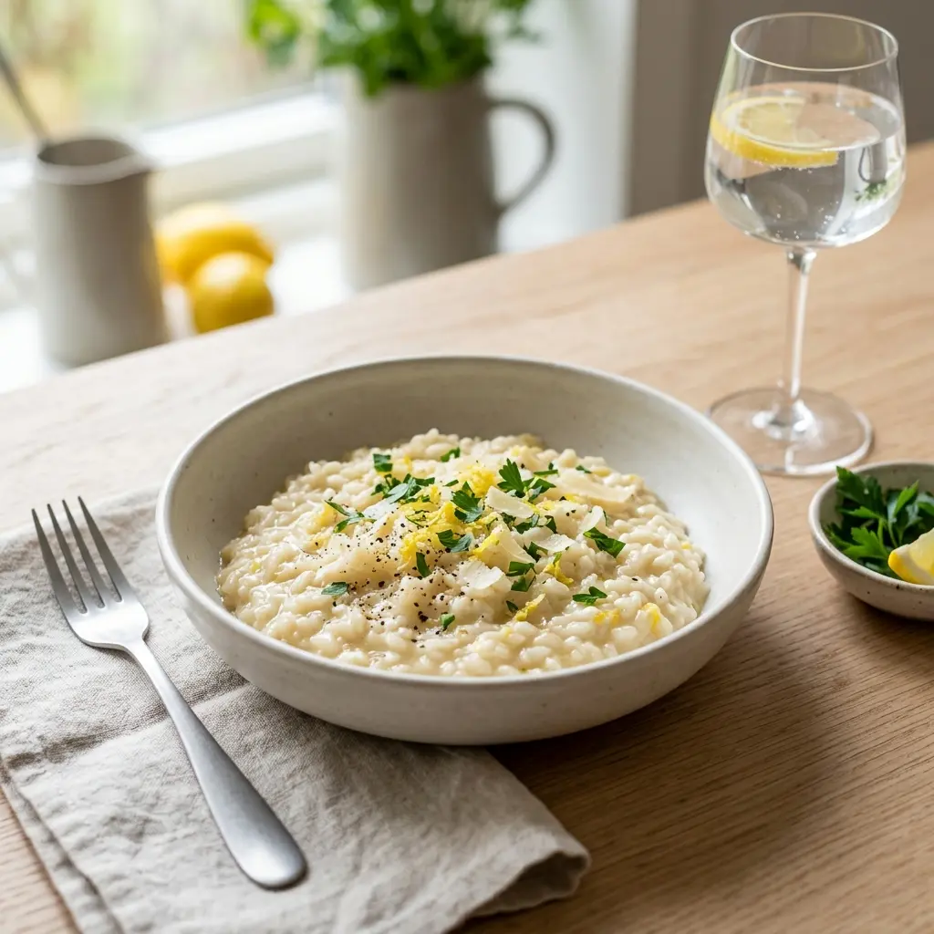 Nylagad risotto med citron serverad på ett aptitligt och hemlagat sätt