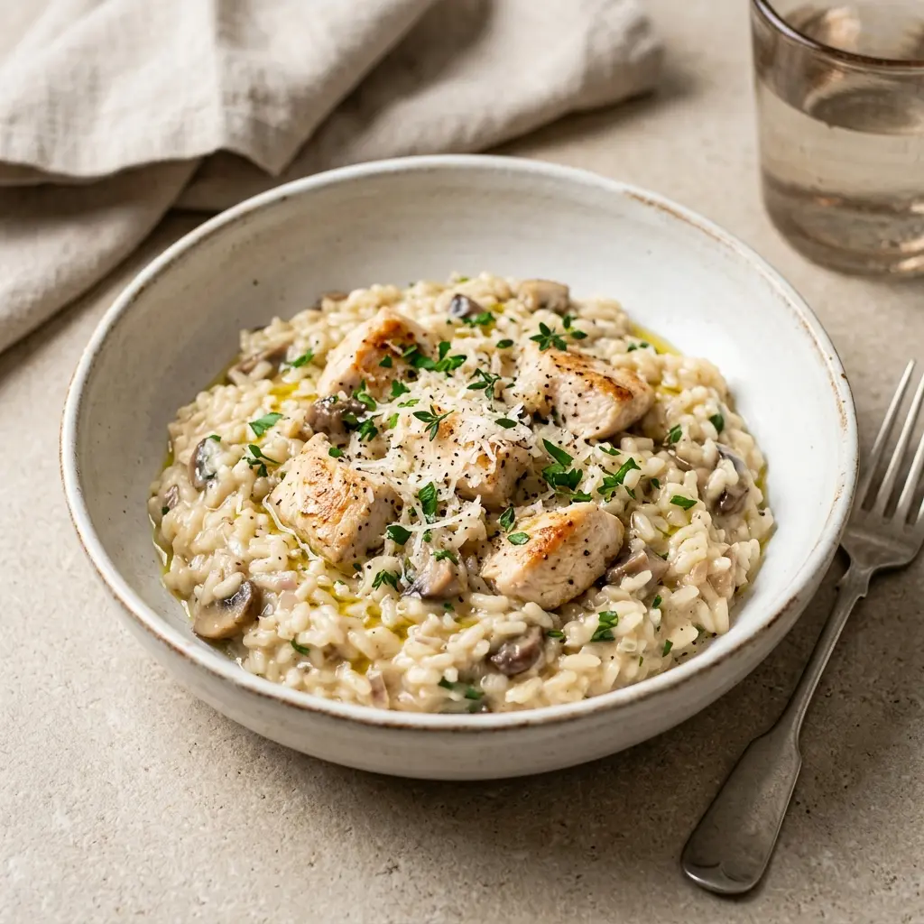 Nylagad risotto med kyckling serverad på ett aptitligt och hemlagat sätt