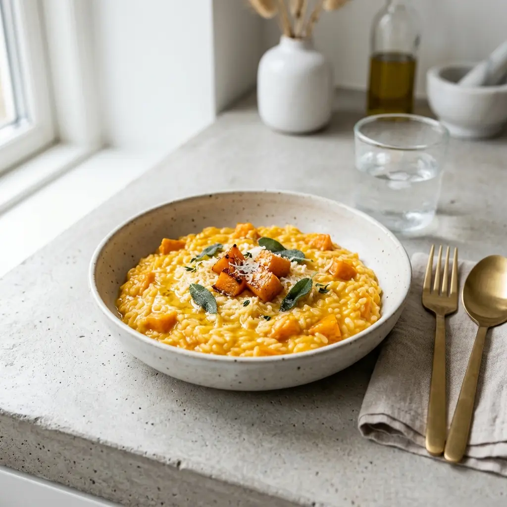 Nylagad risotto med pumpa serverad på ett aptitligt och hemlagat sätt