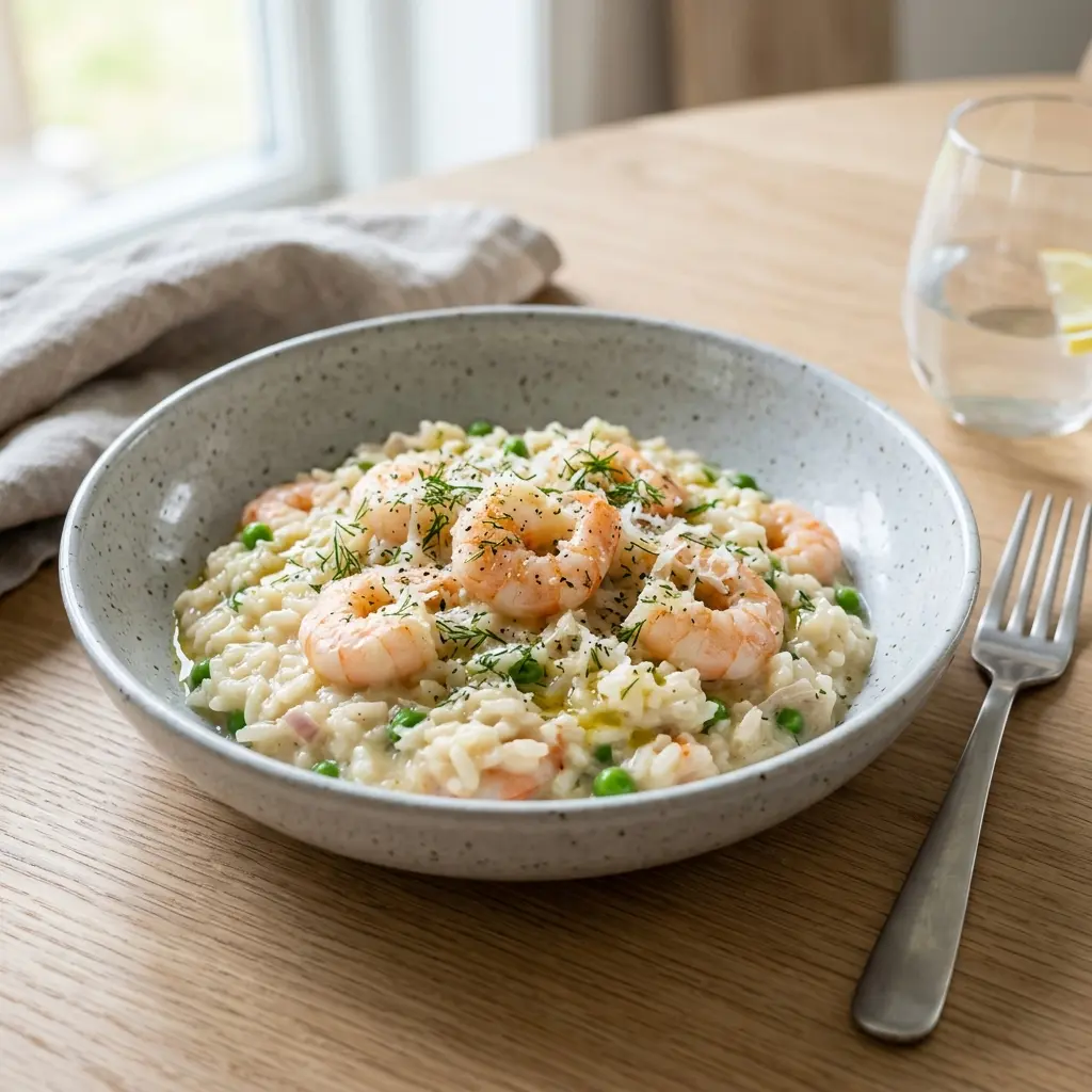 Nylagad risotto med räkor serverad på ett aptitligt och hemlagat sätt