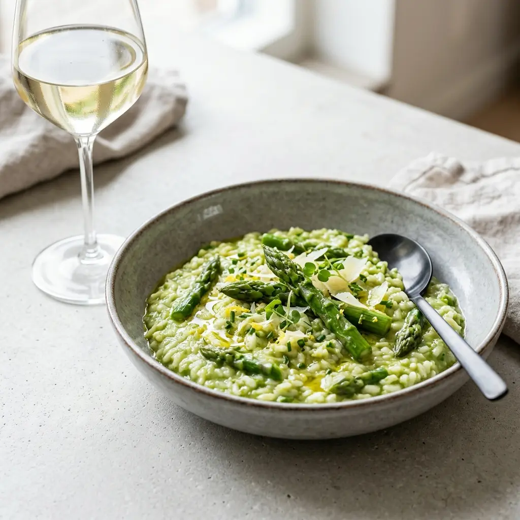 Nylagad risotto med sparris serverad på ett aptitligt och hemlagat sätt