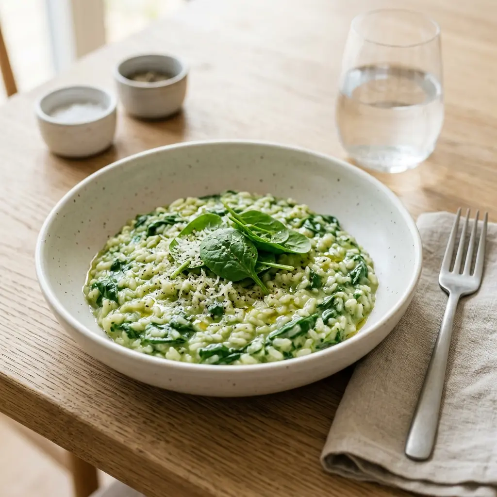 Nylagad risotto med spenat serverad på ett aptitligt och hemlagat sätt