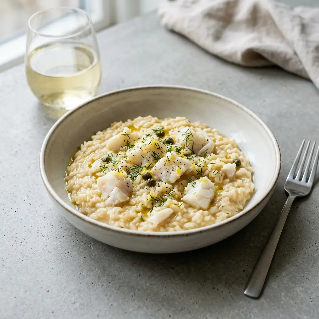 Nylagad risotto med torsk serverad på ett aptitligt och hemlagat sätt