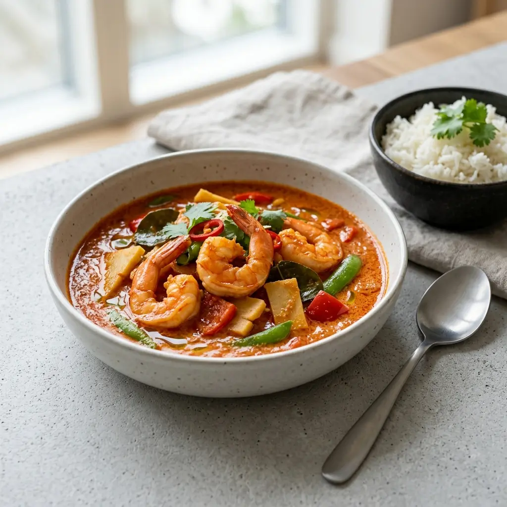 Nylagad röd curry med räkor serverad på ett aptitligt och hemlagat sätt