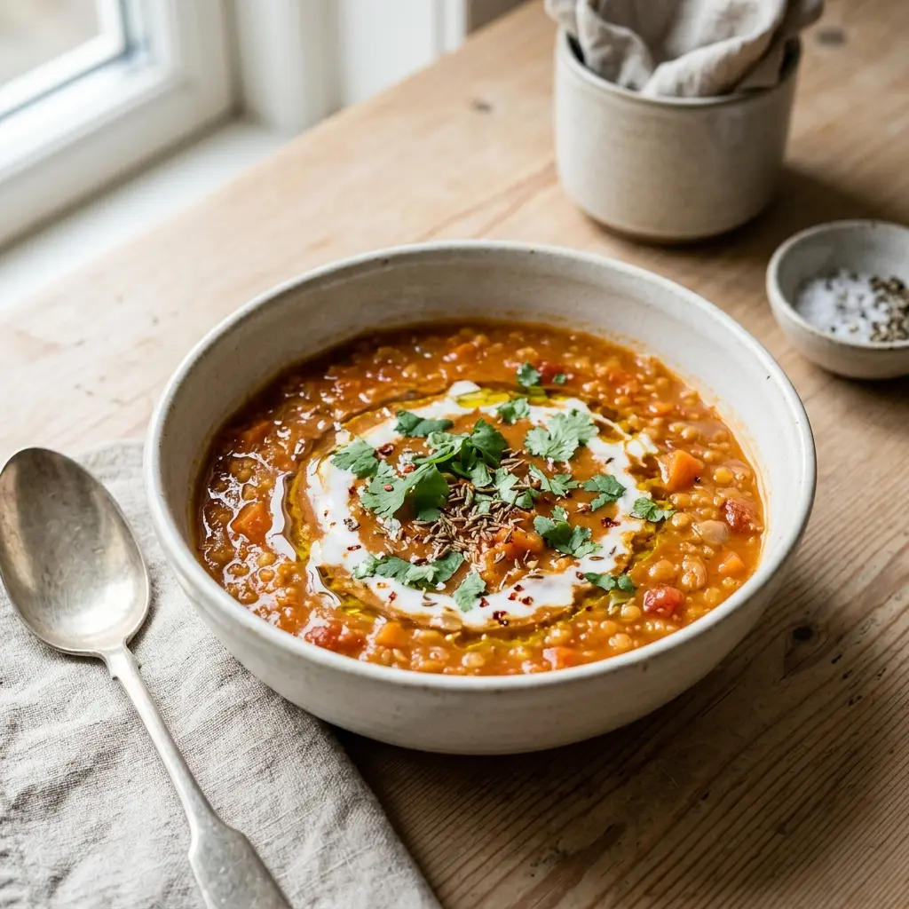 En varm skål röd linssoppa serverad med ett inbjudande och hemlagat uttryck