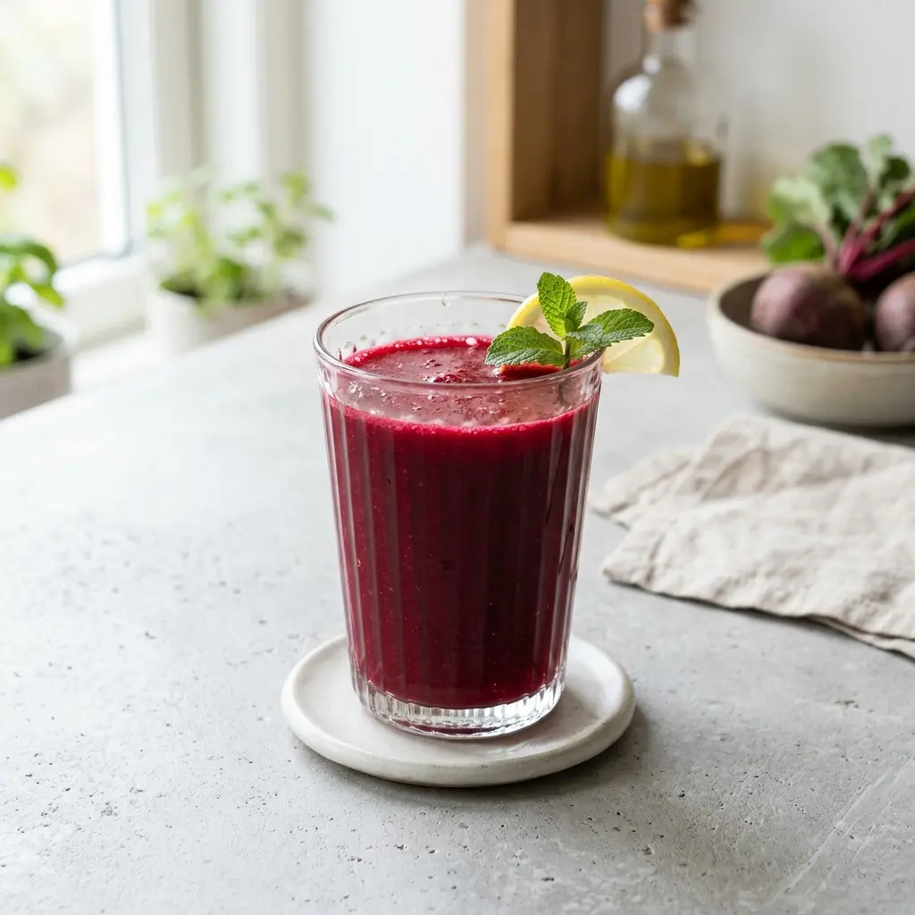 Ett glas rödbetsjuice serverat kallt och fräscht med enkel garnering