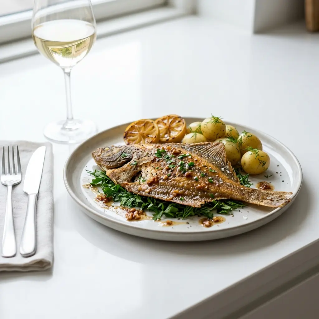 Ett glas rödspätta i stekpanna serverat kallt och fräscht med enkel garnering