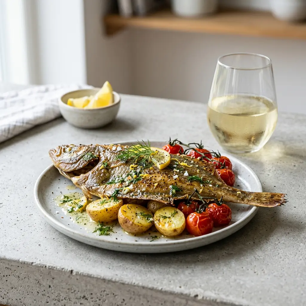 Nylagad rödspätta i ugn serverad på ett aptitligt och hemlagat sätt