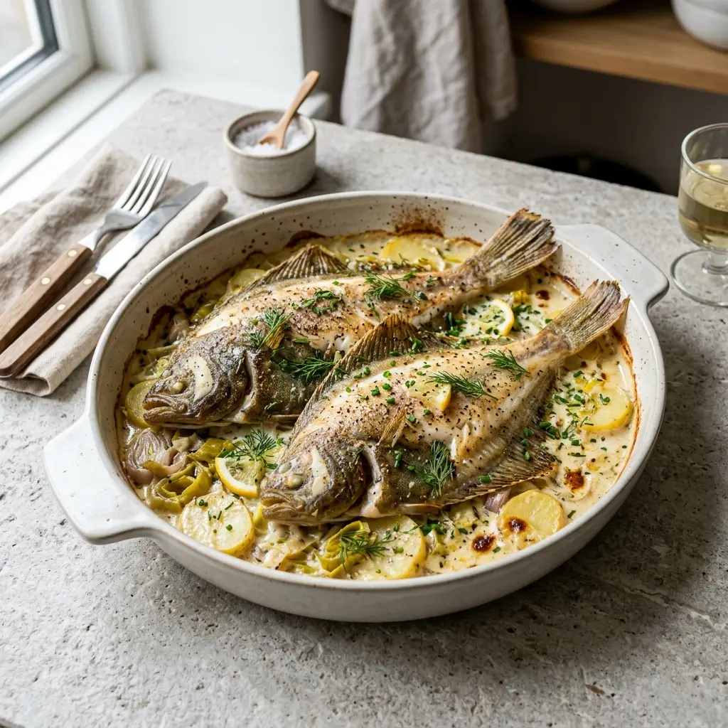 Nylagad rödspätta i ugnsform med purjolök serverad på ett aptitligt och hemlagat sätt
