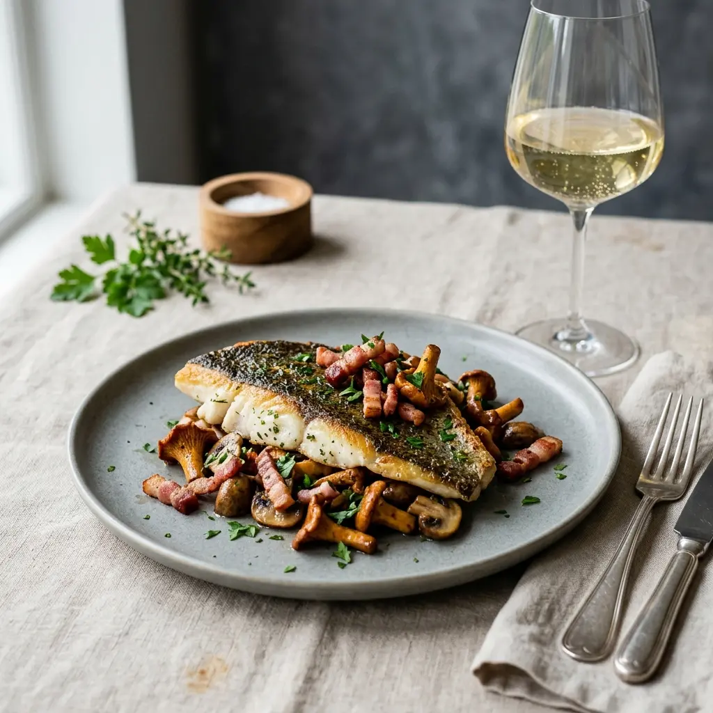 Nylagad rödspätta med bacon och svamp serverad på ett aptitligt och hemlagat sätt