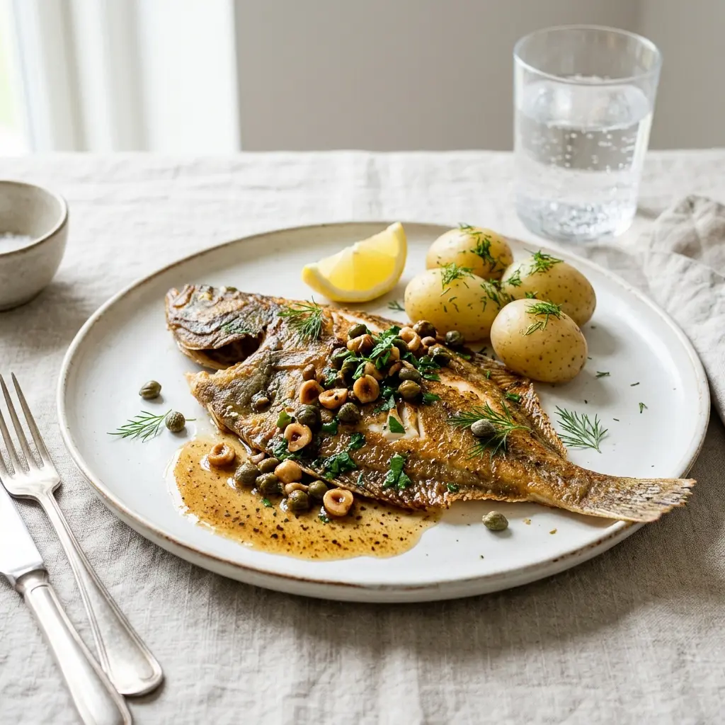 Nylagad rödspätta med brynt smör och kapris serverad på ett aptitligt och hemlagat sätt