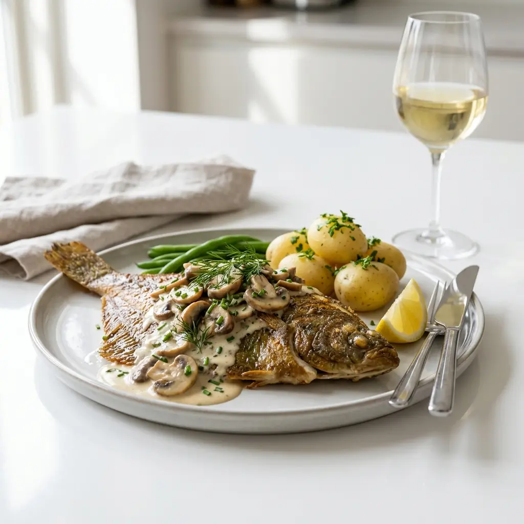 Nylagad rödspätta med champinjoner och grädde serverad på ett aptitligt och hemlagat sätt