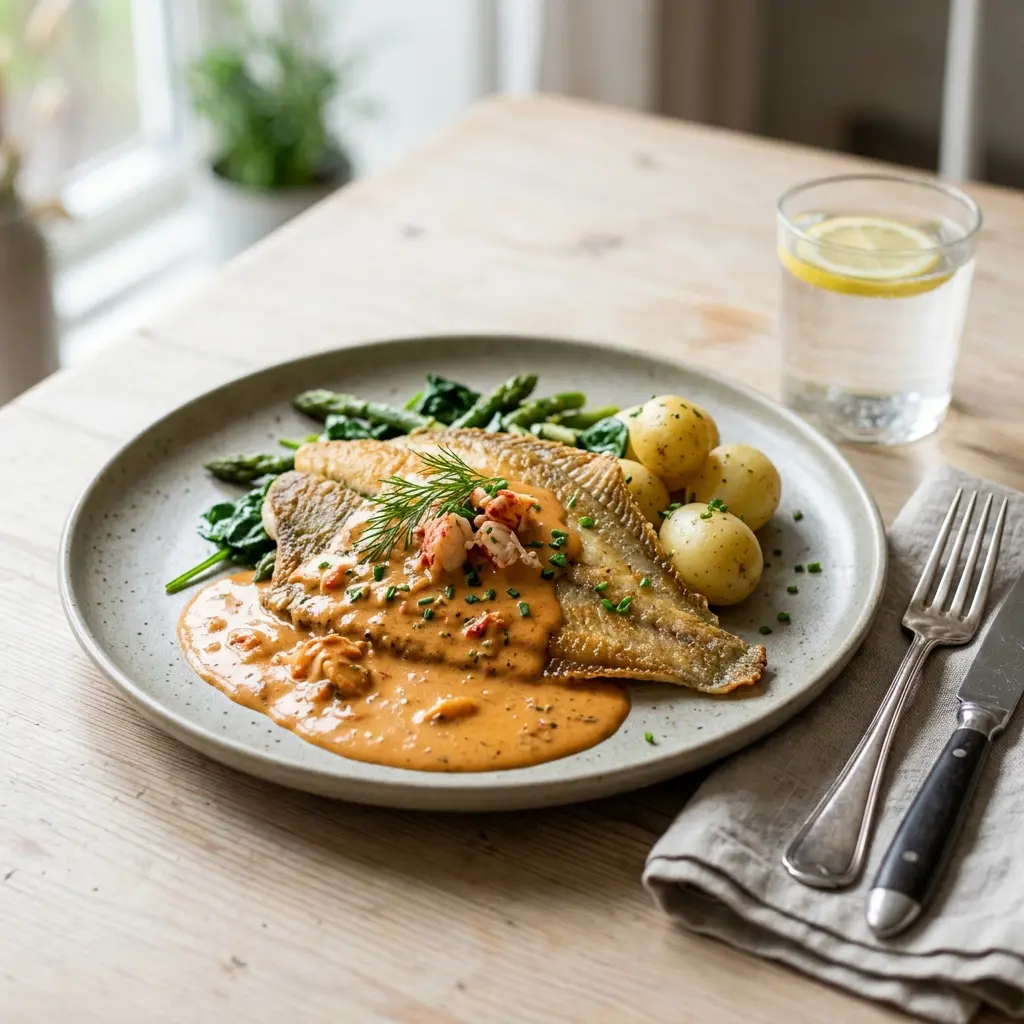 En skål med rödspätta med hummersås klar att servera som smakrikt tillbehör