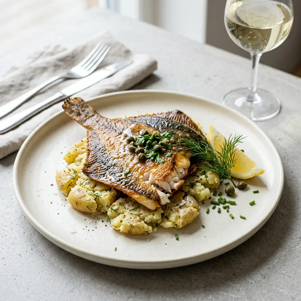 Nylagad rödspätta med krossad potatis serverad på ett aptitligt och hemlagat sätt