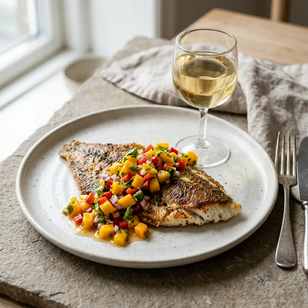 En skål med rödspätta med mangosalsa klar att servera som smakrikt tillbehör