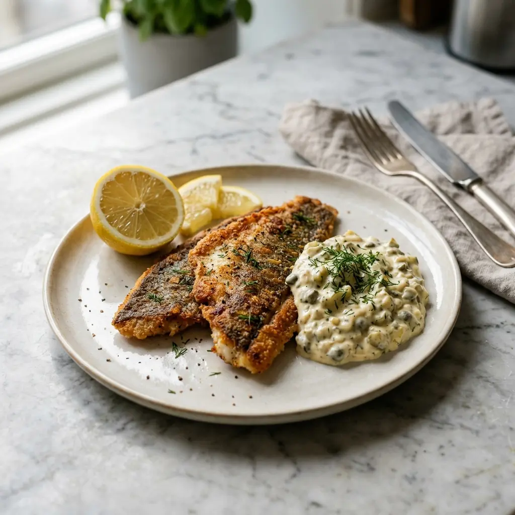 En skål med rödspätta med remouladsås och citron klar att servera som smakrikt tillbehör